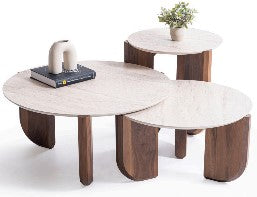 COFFEE TABLE SET 3 TRAVERTINE Y WALNUT
